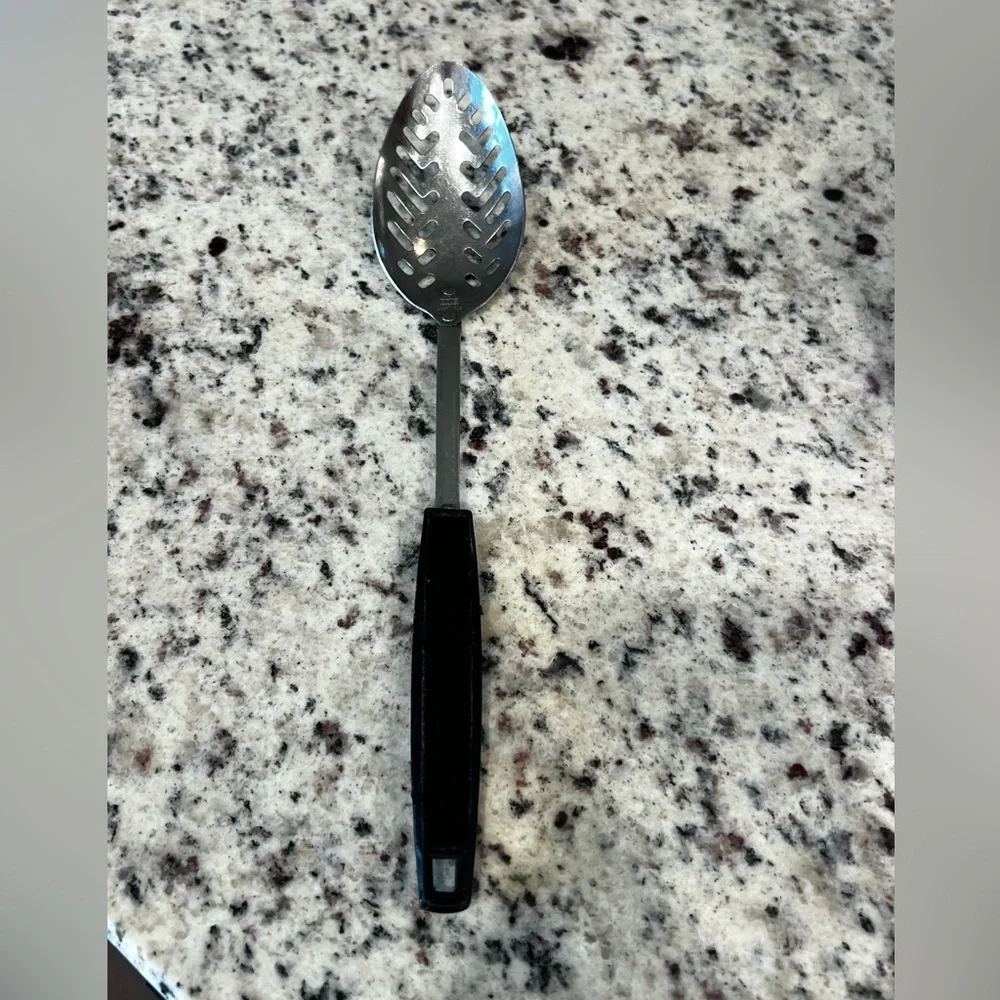 Vintage Ekco Stainless Steel Slotted Servinh Spoon Black Handle Cooking Utensil